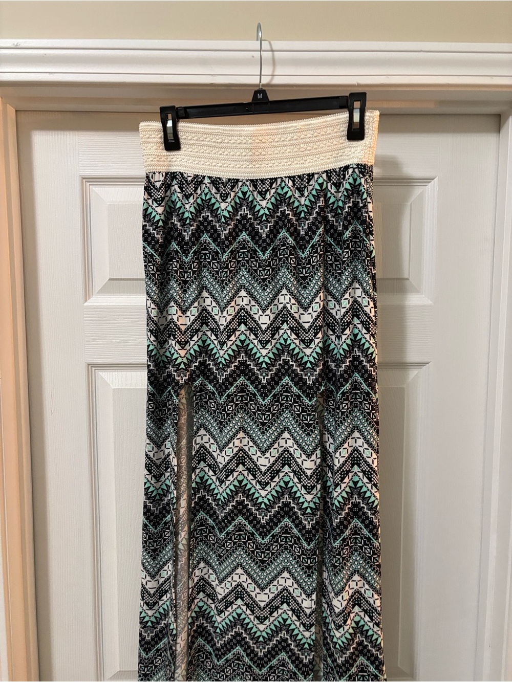 No Boundaries Mint, Black & Cream Crochet-Waist Chevron Maxi Skirt